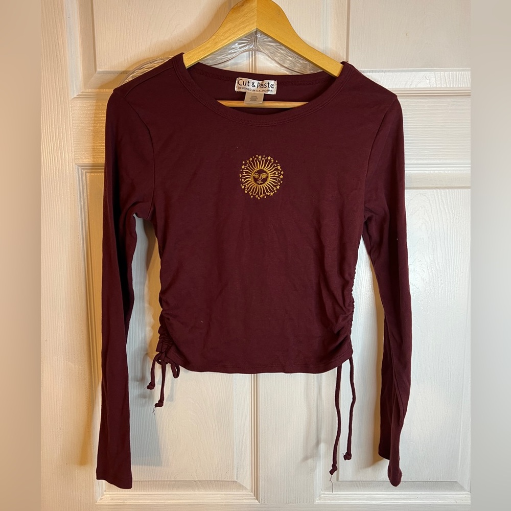 Cut & Paste Sz Large Maroon Side Cinched Shirt 90's Embroidered Sun